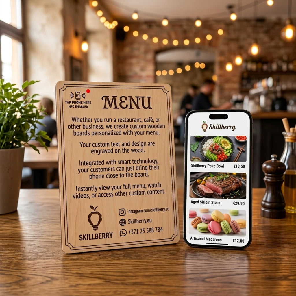 Wooden Smart Menu Board with NFC tag standing on a café table next to a phone showing the digital menu — Skillberry
