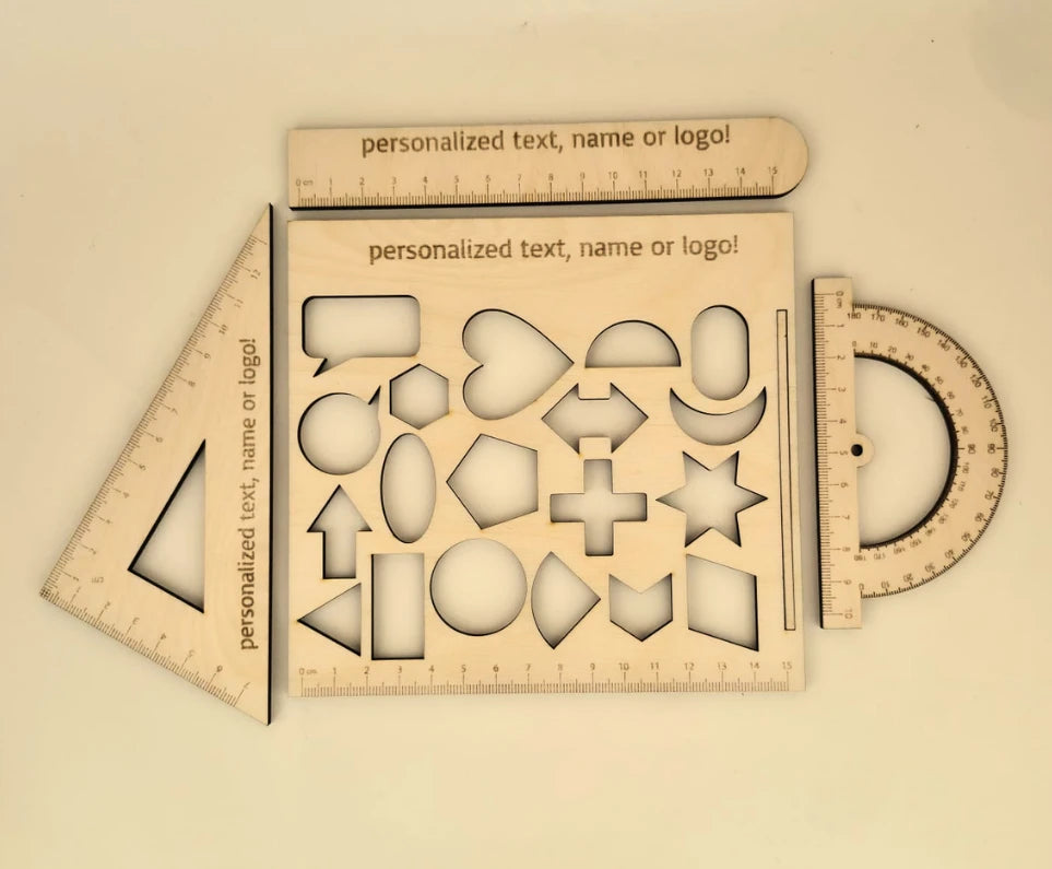 Engraved Wooden Ruler Set, 4 Pieces — Ruler, Set Square, Protractor & Stencil