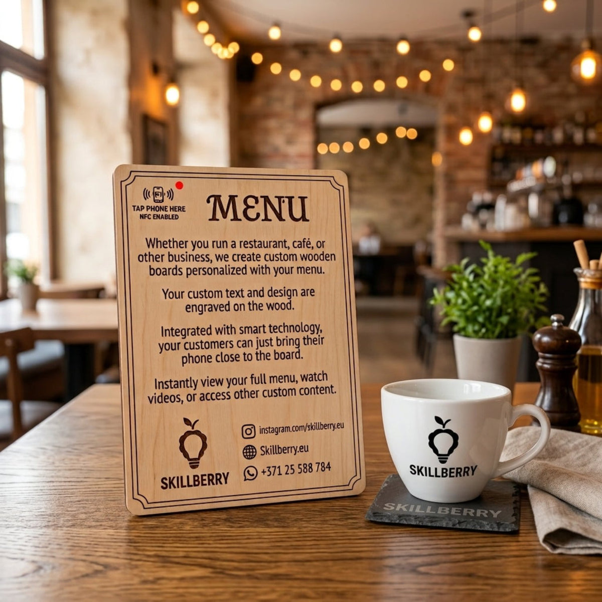 Wooden Smart Menu Board on a restaurant table with a coffee cup and Skillberry coaster — Skillberry