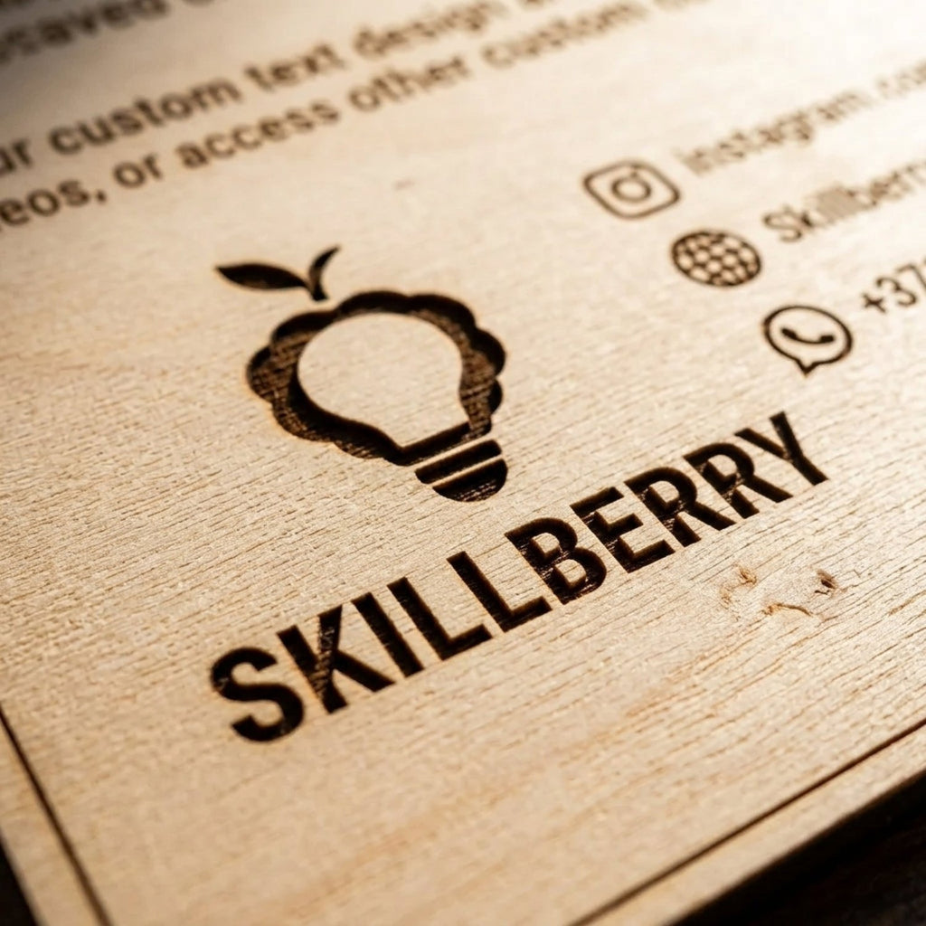 Close-up of the laser-engraved Skillberry logo and contact details on the Smart Menu Board — Skillberry