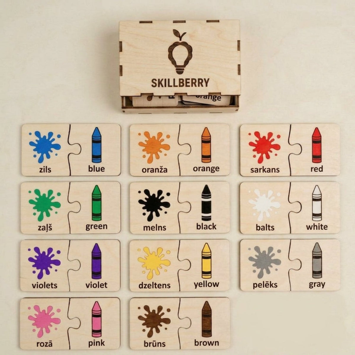 Learning Colors wooden matching puzzle pieces with English-Latvian color word pairs and the personalized Skillberry storage box — Skillberry