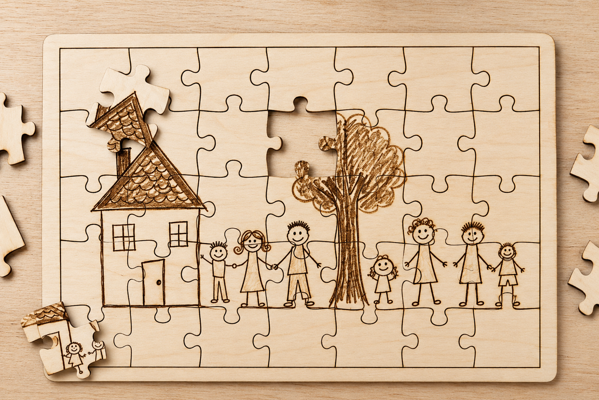 Wooden jigsaw puzzle with a laser-engraved child's drawing of a house, tree and family, a few pieces lifted out — Skillberry