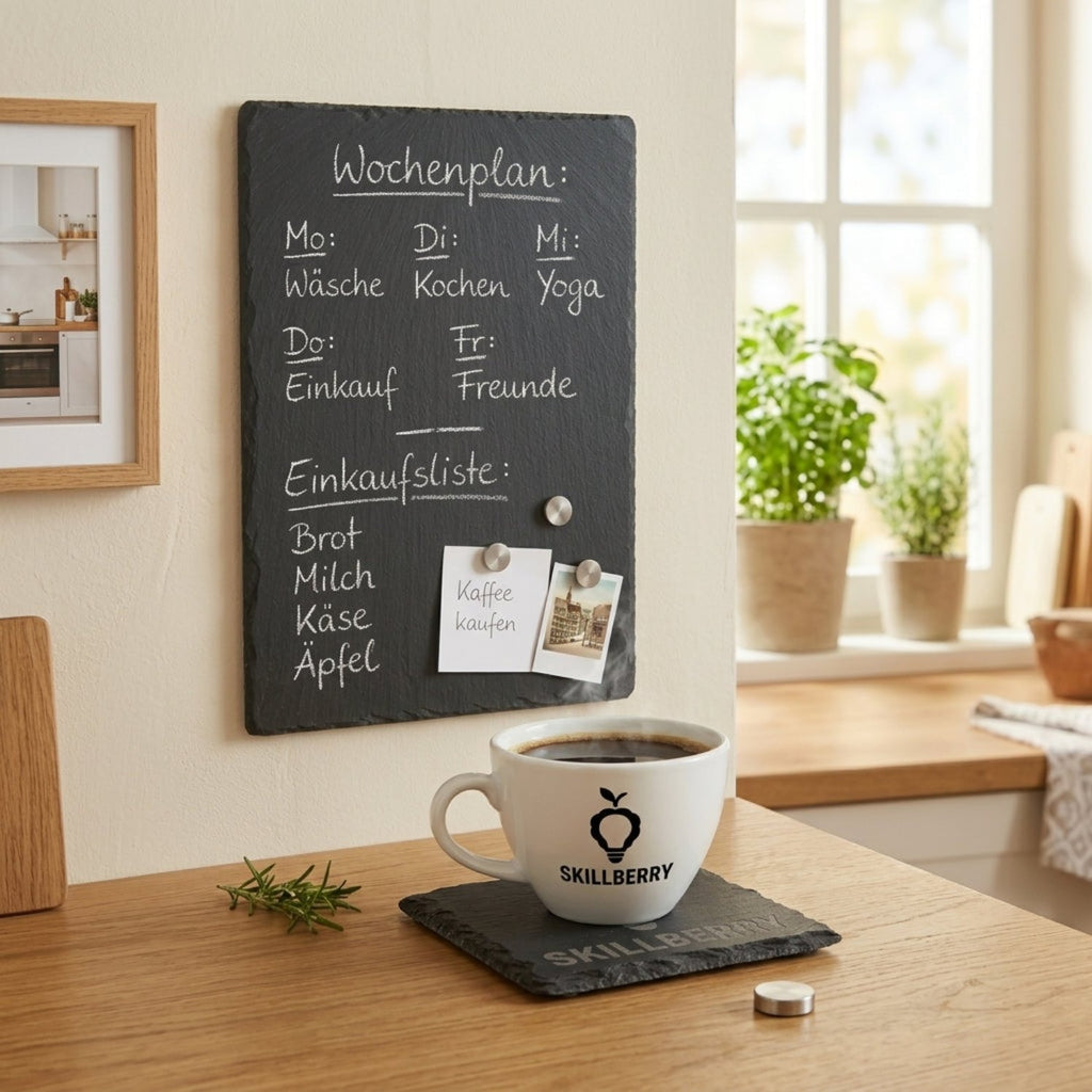 Magnetic chalk board mounted in a kitchen with a handwritten weekly plan and shopping list — Skillberry