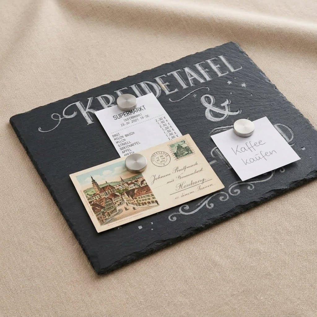 Close-up of the magnetic chalk board holding a receipt and postcard with magnets — Skillberry