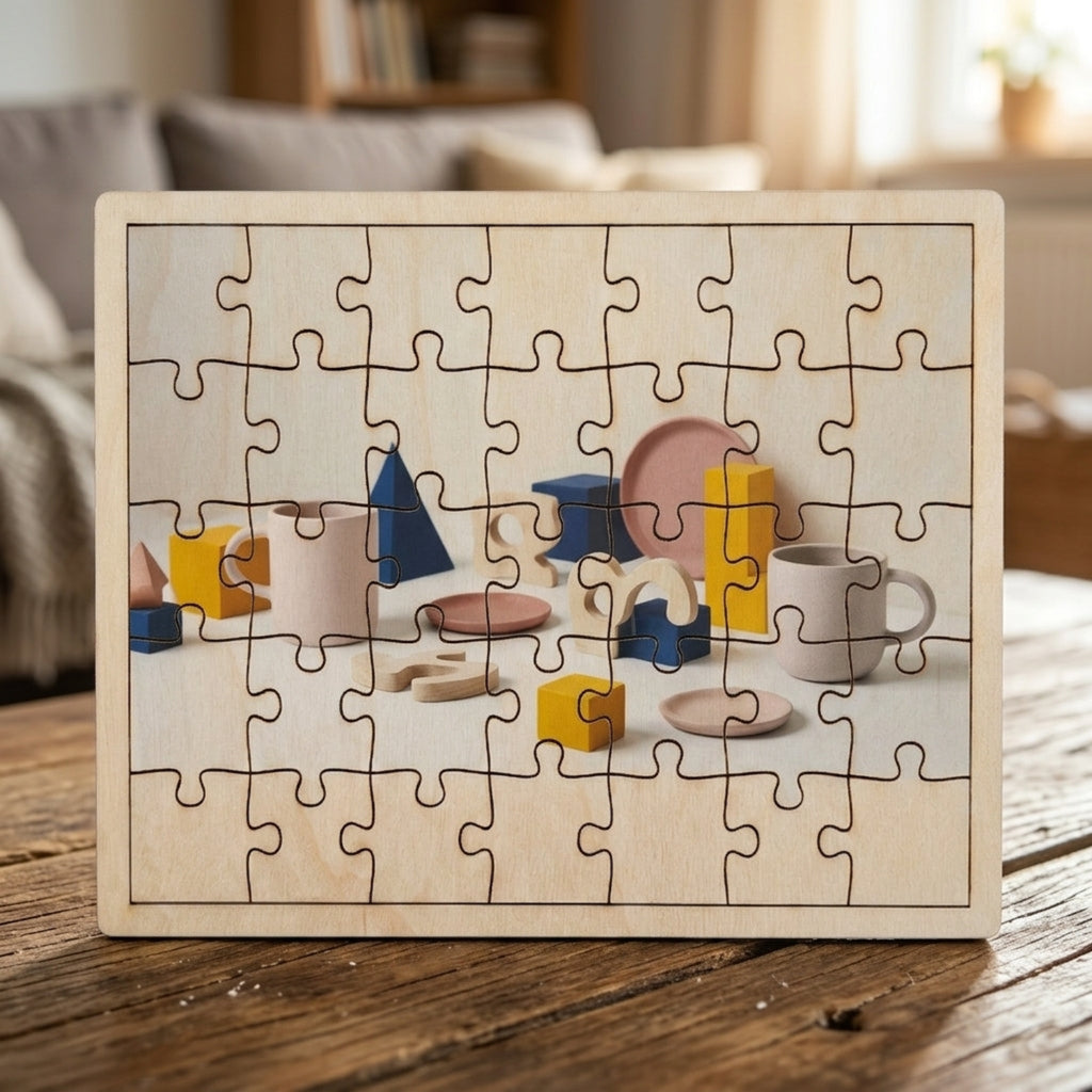 Wooden jigsaw puzzle being assembled, personalized gift with Smart Tag — Skillberry