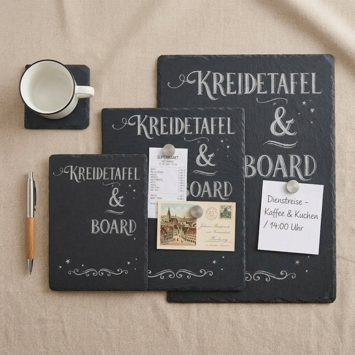 Three magnetic chalk boards in different sizes holding notes, a receipt and a pen with magnets — Skillberry