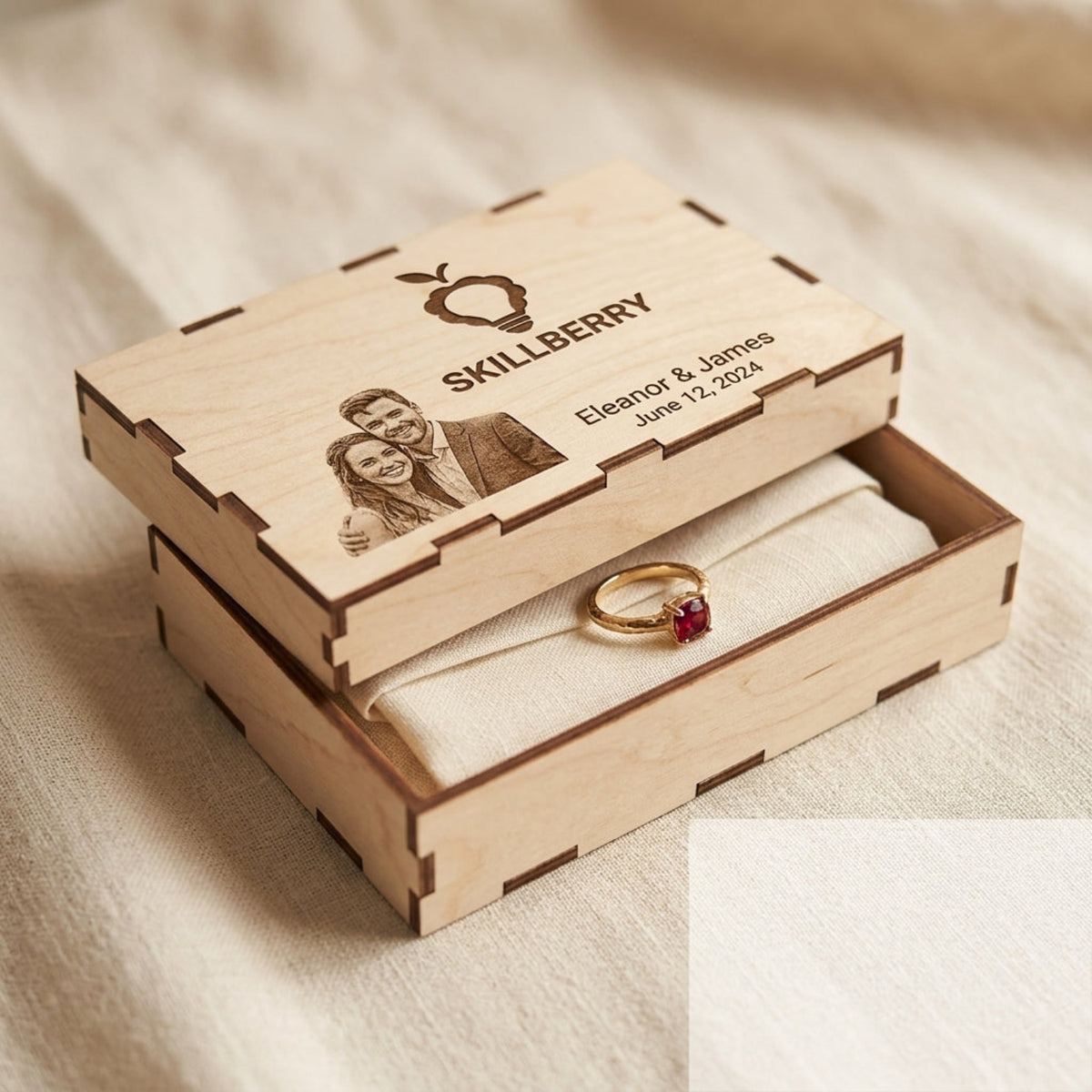 Wooden box with laser-engraved logo, shown open — Skillberry