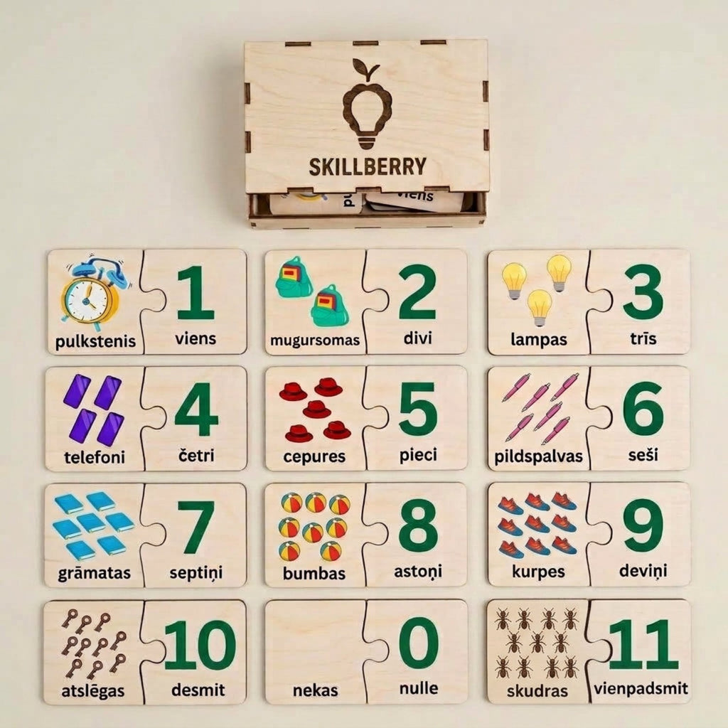 Numbers & Counting wooden matching puzzle pieces with counting objects, numerals and Latvian number words, and the personalized Skillberry storage box — Skillberry