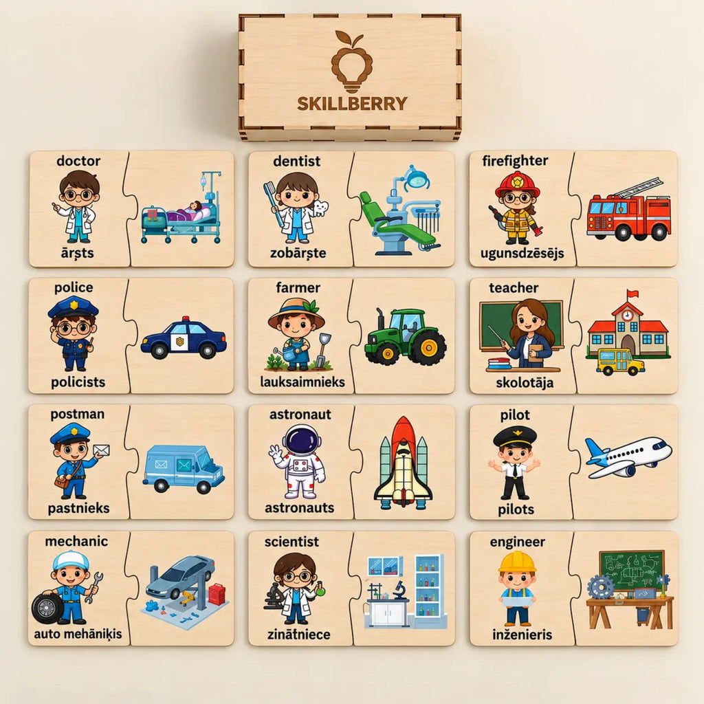 Occupations & Jobs wooden matching puzzle pieces laid out with English-Latvian word pairs and the personalized Skillberry storage box — Skillberry