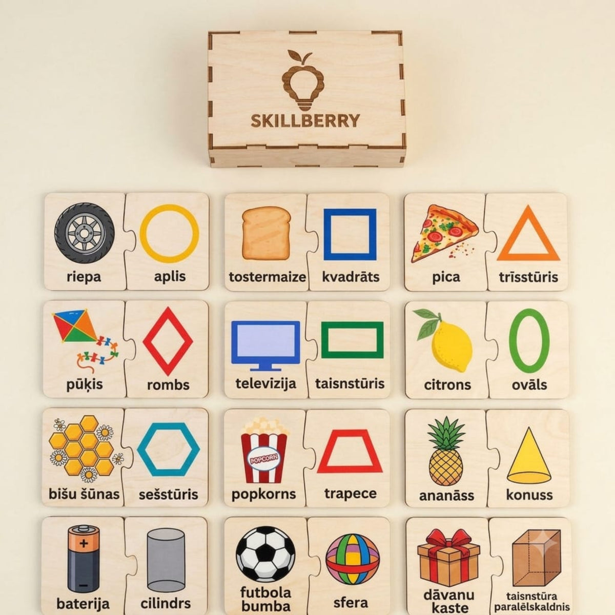 Shapes & Forms wooden matching puzzle pieces with Latvian object and shape labels and the personalized Skillberry storage box — Skillberry